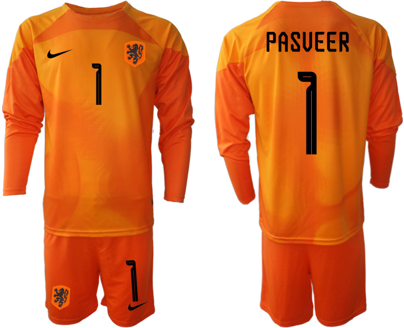 PASVEER #1 Nederländerna Herr Målvaktströja 2023 orange Långärmad + Korta byxor Fotbollströjor Billigt