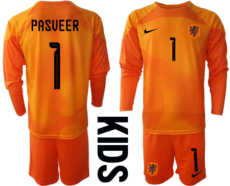Replika Nederländerna Barn Målvaktströja 2023 orange Långärmad + Korta byxor med tryck PASVEER 1