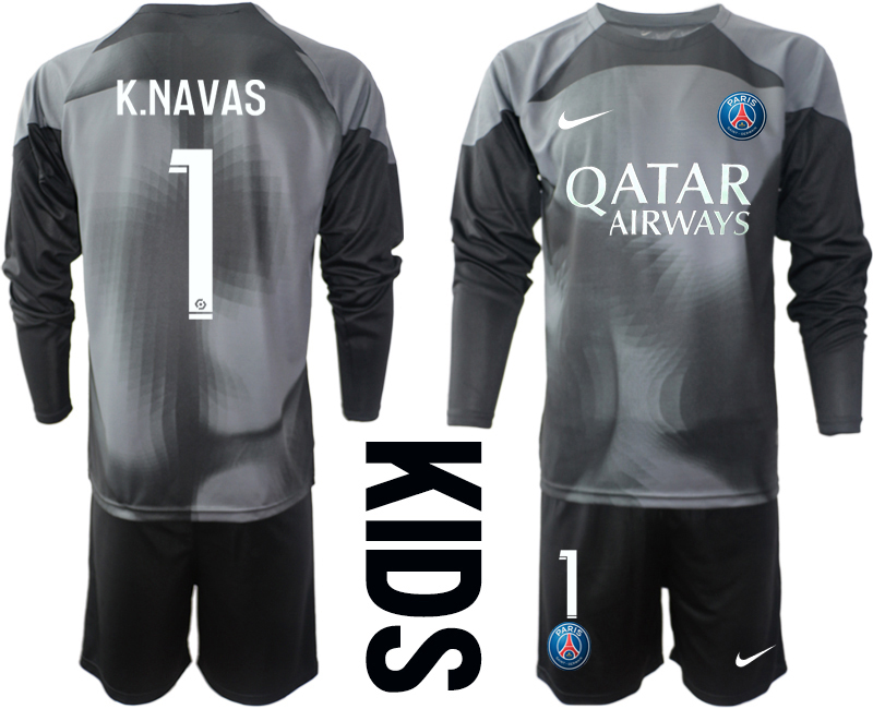Replika Paris Saint-Germain PSG Målvakt Barn 2023 svart Långärmad Fotbollströja Set med tryck K.NAVAS 1