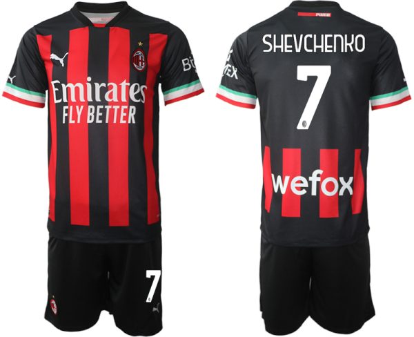 AC Milan Hemmatröja Herr 2023 Kortärmad + Korta byxor med namn SHEVCHENKO 7 Beställa Fotbollströjor