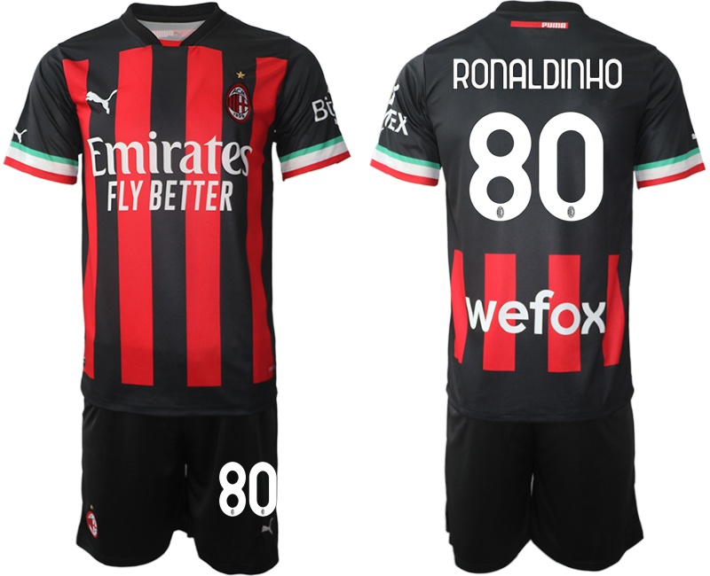 Beställa Fotbollströjor AC Milan Hemmatröja Herr 2023 Kortärmad + Korta byxor med namn RONALDINHO 80