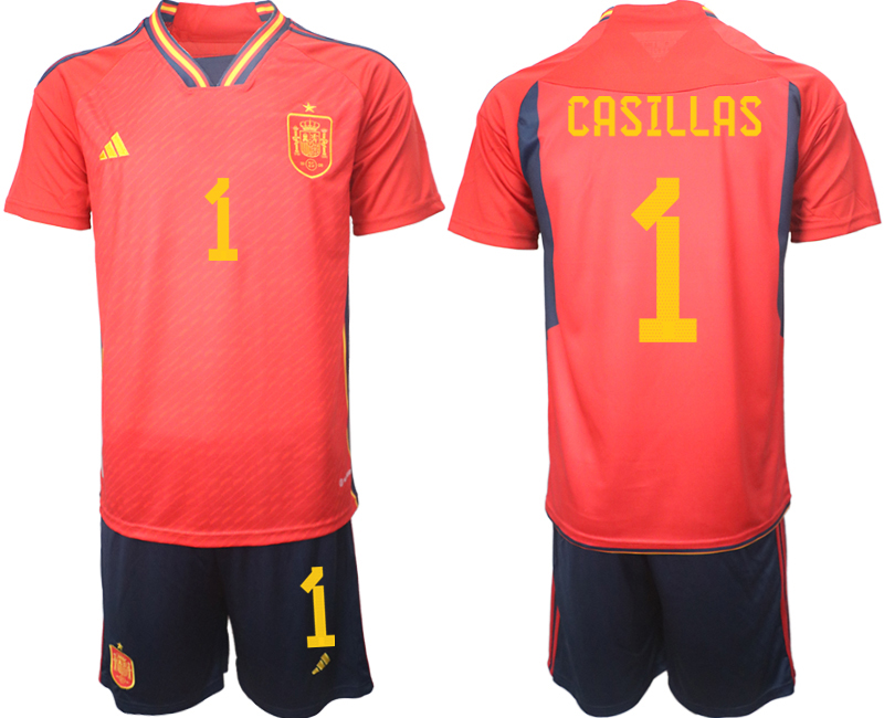 Beställa Fotbollströjor CASILLAS #1 Fotboll Träningsdräkt Spanien Hemmatröja Herr VM 2022 Kortärmad + Korta byxor