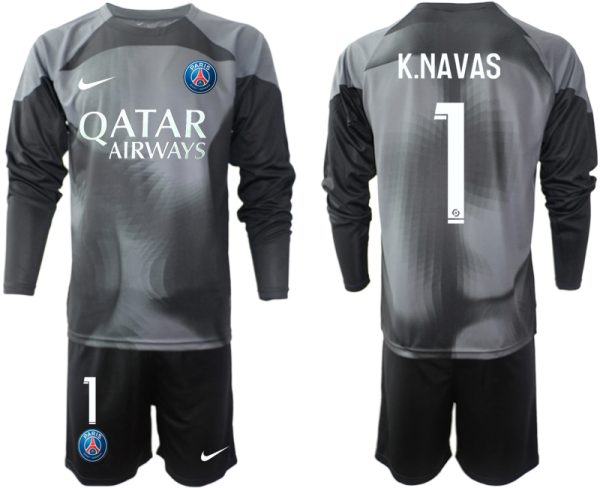 Beställa Fotbollströjor K.NAVAS #1 Paris Saint-Germain PSG 2023 Målvaktströja Herr Fotbollströjor svart Långärmad + Korta byxor