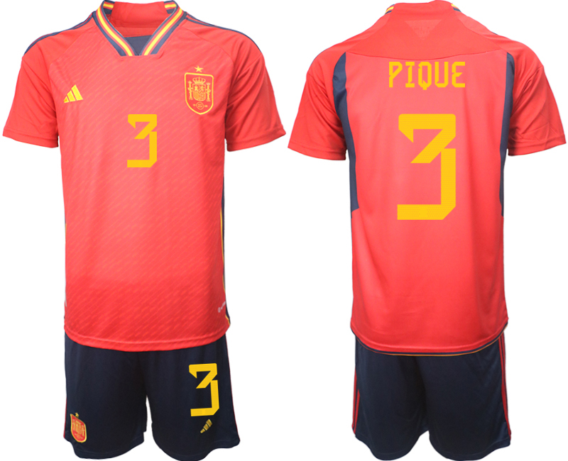 Beställa Fotbollströjor PIQUE #3 Fotboll Träningsdräkt Spanien Hemmatröja Herr VM 2022 Kortärmad + Korta byxor