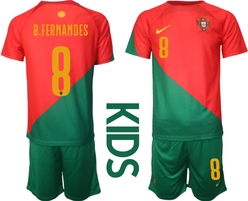 Beställa Fotbollströjor Portugal Hemmatröja Barn VM 2022 Fotbollskläder Set med tryck B.FERNANDES 8