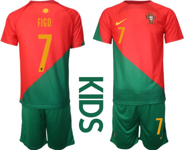 Beställa Fotbollströjor Portugal Hemmatröja Barn VM 2022 Fotbollskläder Set med tryck FIGO 7