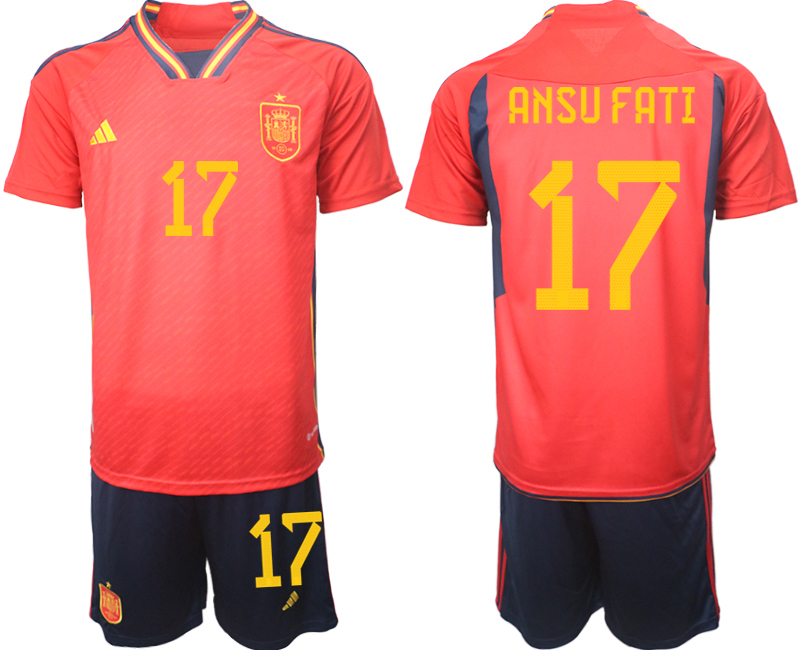 Beställa Fotbollströjor Spanien Hemmatröja Herr VM 2022 Kortärmad + Korta byxor med tryck ANSU FATI 17