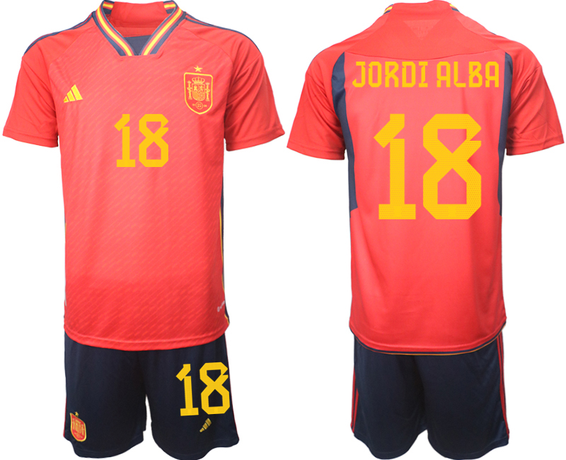 Beställa Fotbollströjor Spanien Hemmatröja Herr VM 2022 Kortärmad + Korta byxor med tryck JORDI ALBA 18