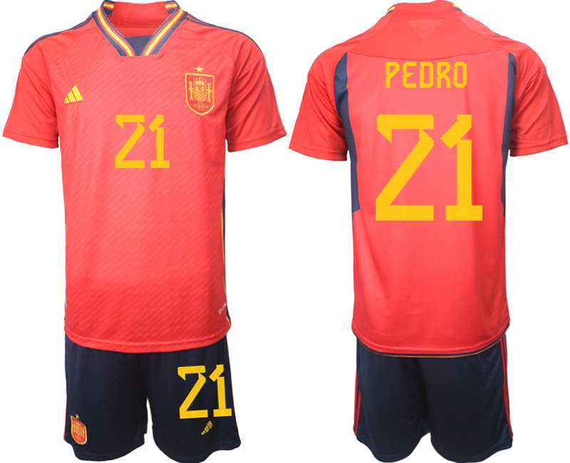 Beställa Fotbollströjor Spanien Hemmatröja Herr VM 2022 Kortärmad + Korta byxor med tryck PEDRO 21