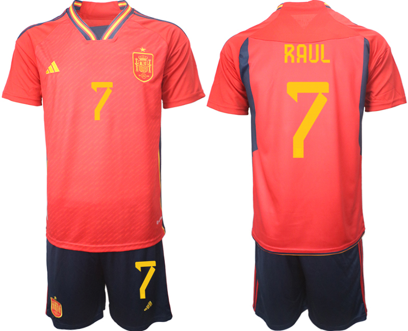 Beställa Fotbollströjor Spanien Hemmatröja Herr VM 2022 Kortärmad + Korta byxor med tryck RAUL 7