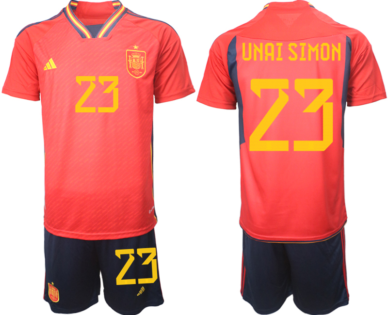 Beställa Fotbollströjor Spanien Hemmatröja Herr VM 2022 Kortärmad + Korta byxor med tryck UNAI SIMON 23