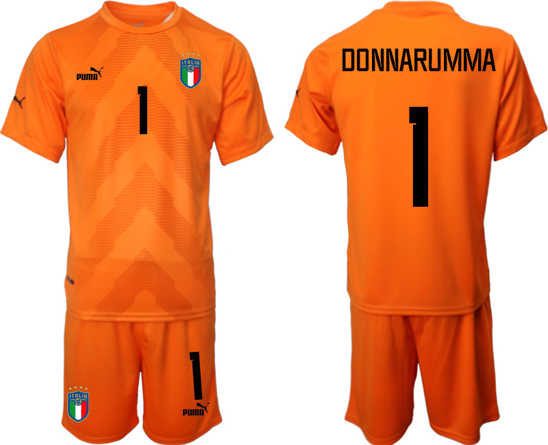 Billiga DONNARUMMA #1 Italien Målvaktströja 2023 Herr orange Fotbollströjor Kortärmad + Korta byxor