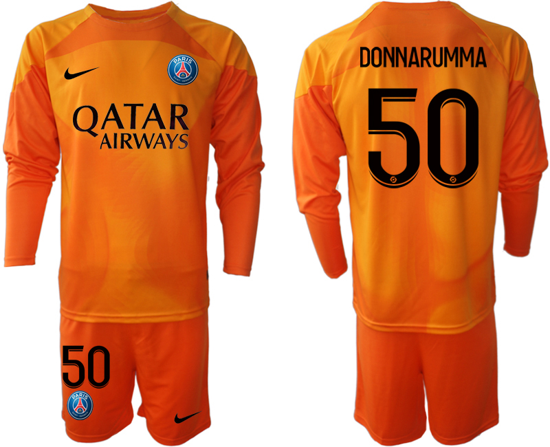 Billiga DONNARUMMA #50 Paris Saint-Germain PSG 2023 Målvaktströja Herr orange Langarm + Kurze Hosen tröja set