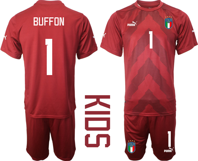 BUFFON #1 Italien Målvaktströja 2023 Barn Röd Fotbollströjor Kortärmad + Korta byxor Beställa Fotbollströjor