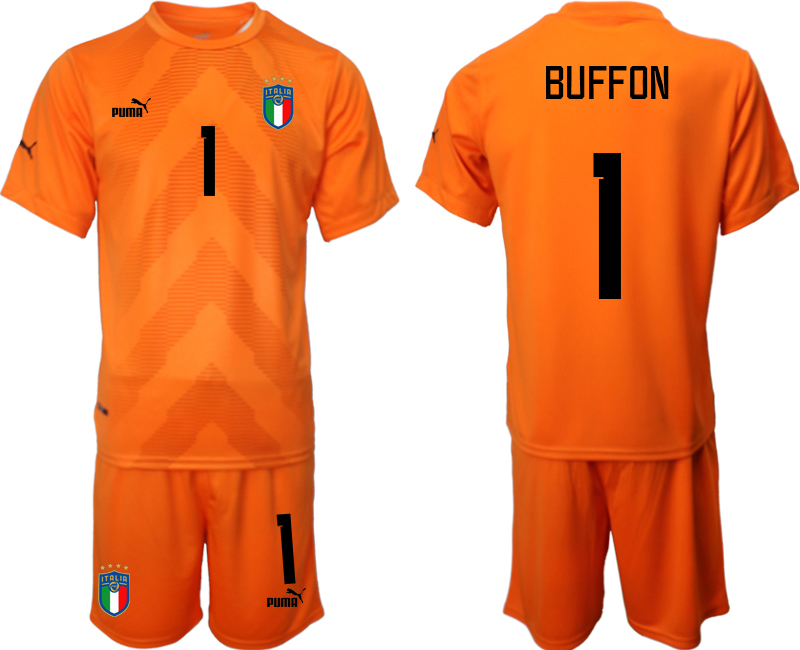 BUFFON #1 Italien Målvaktströja 2023 Herr orange Fotbollströjor Kortärmad + Korta byxor billiga fotbollströjor