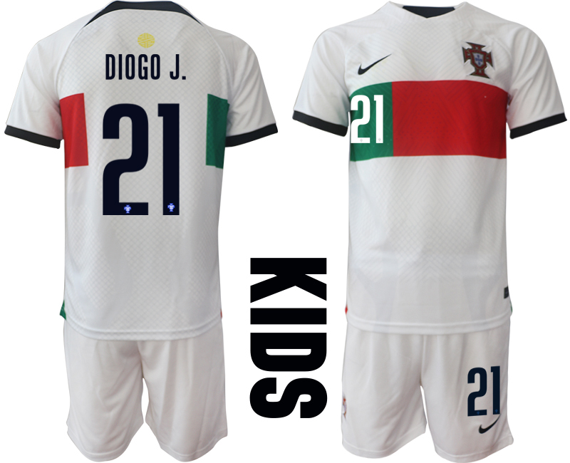 DIOGO J.#21 Beställa Fotbollströjor Portugal Bortatröja Barn VM 2022 Kortärmad + Korta byxor fotbollströja barn med namn