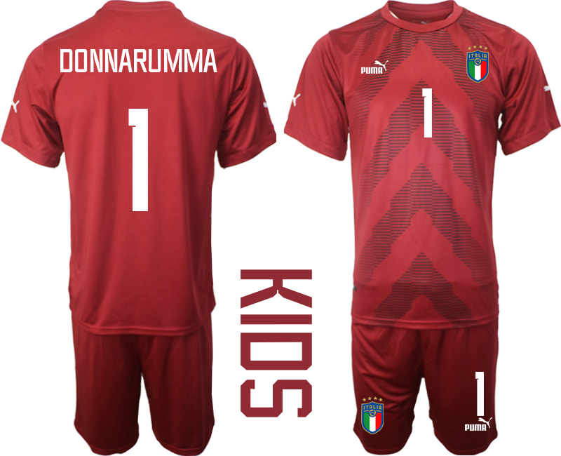 DONNARUMMA #1 Italien Målvaktströja 2023 Barn Röd Fotbollströjor Kortärmad + Korta byxor Fotbollströjor Barn