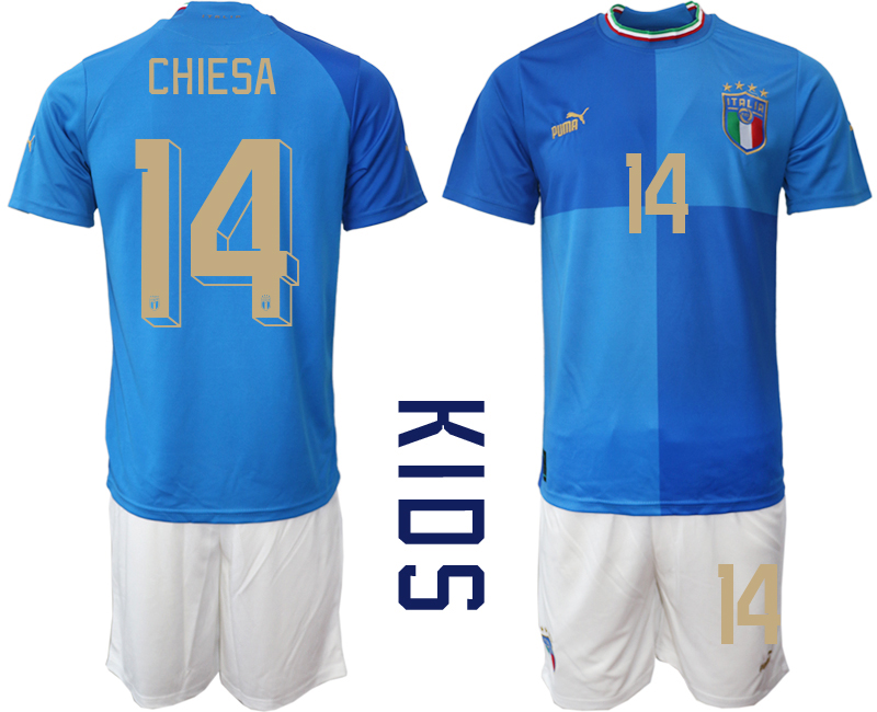 Italien Hemmatröja 2023 Barn Fotbollströjor Kortärmad + Korta byxor med tryck CHIESA 14 fotbollströja set
