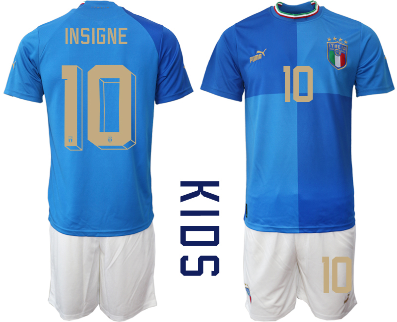 Italien Hemmatröja 2023 Barn Fotbollströjor Kortärmad + Korta byxor med tryck INSIGNE 10 fotbollströja set
