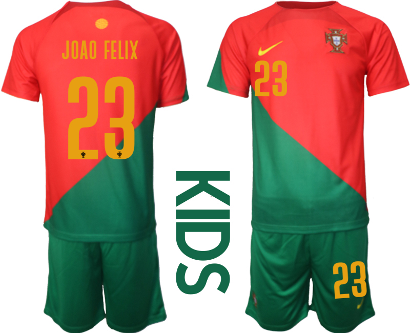 JOAO FELIX #23 Portugal Hemmatröja Barn VM 2022 Fotbollskläder Kortärmad + Korta byxor fotbollströja set