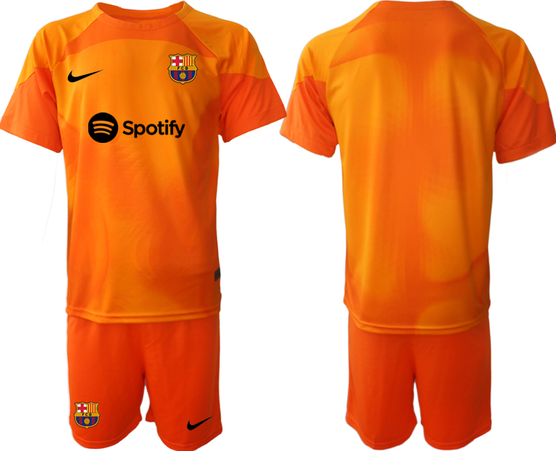 Köp FC Barcelona 2023 Målvaktströja Herr orange Kortärmad + Korta byxor billiga fotbollströjor