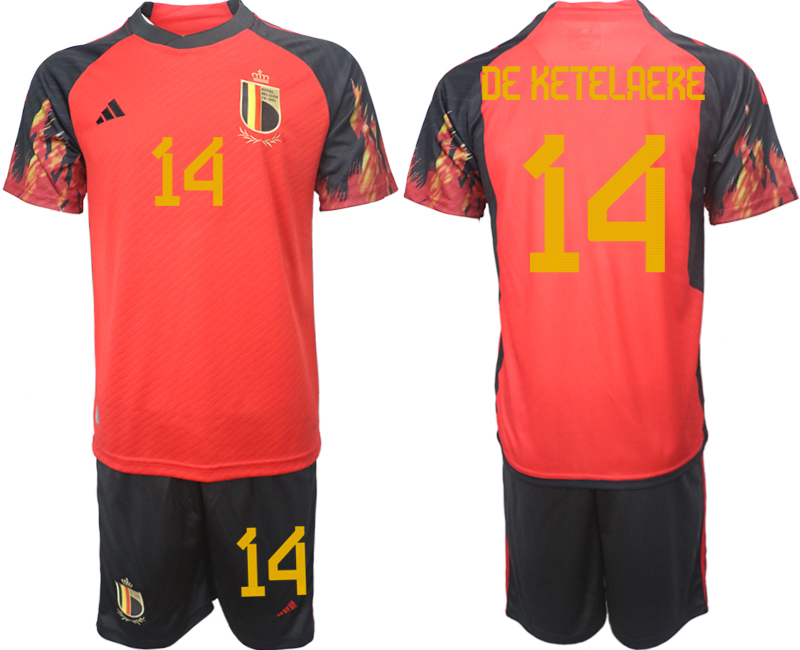 Nya Belgien Hemmatröja Herr VM 2022 Kortärmad Fotbollströja Set med tryck DE KETELAERE 14