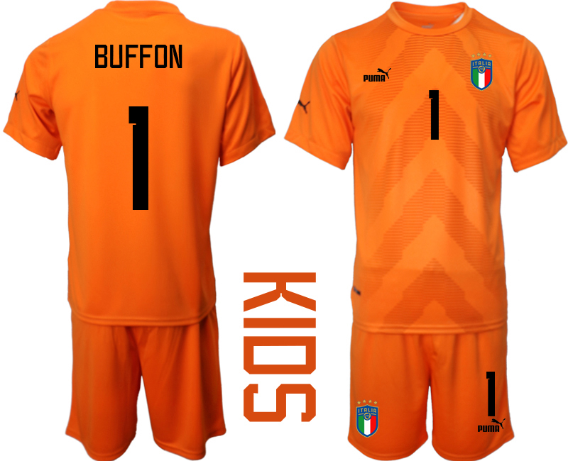 Nya BUFFON #1 Italien Målvaktströja 2023 Barn orange Fotbollströjor Kortärmad + Korta byxor