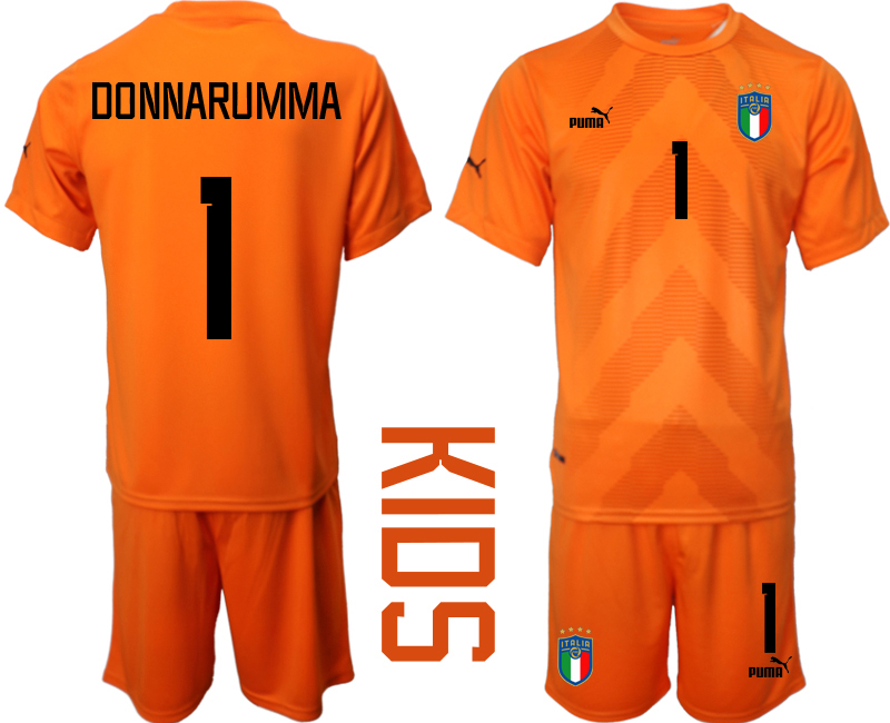 Nya DONNARUMMA #1 Italien Målvaktströja 2023 Barn orange Fotbollströjor Kortärmad + Korta byxor fotbollströja set