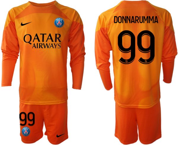 Nya DONNARUMMA #99 Paris Saint-Germain PSG 2023 Målvaktströja Herr orange Langarm + Kurze Hosen fotbollströja set