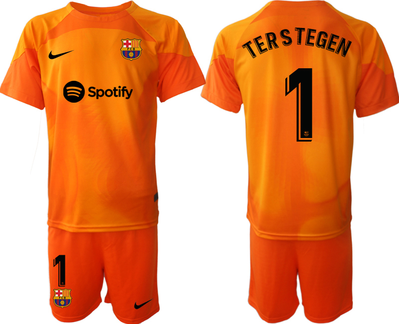 Nya FC Barcelona 2023 Målvaktströja Herr orange Kortärmad + Korta byxor med tryck TERSTEGEN 1 Fotbollströjor Sverige