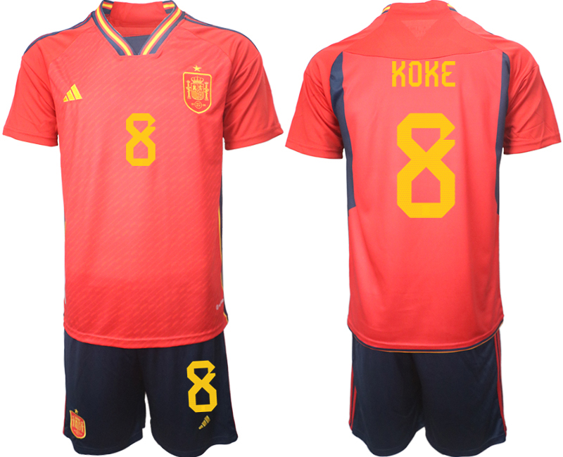 Nya Spanien Hemmatröja Herr VM 2022 Kortärmad + Korta byxor med tryck KOKE 8 Fotbollströjor