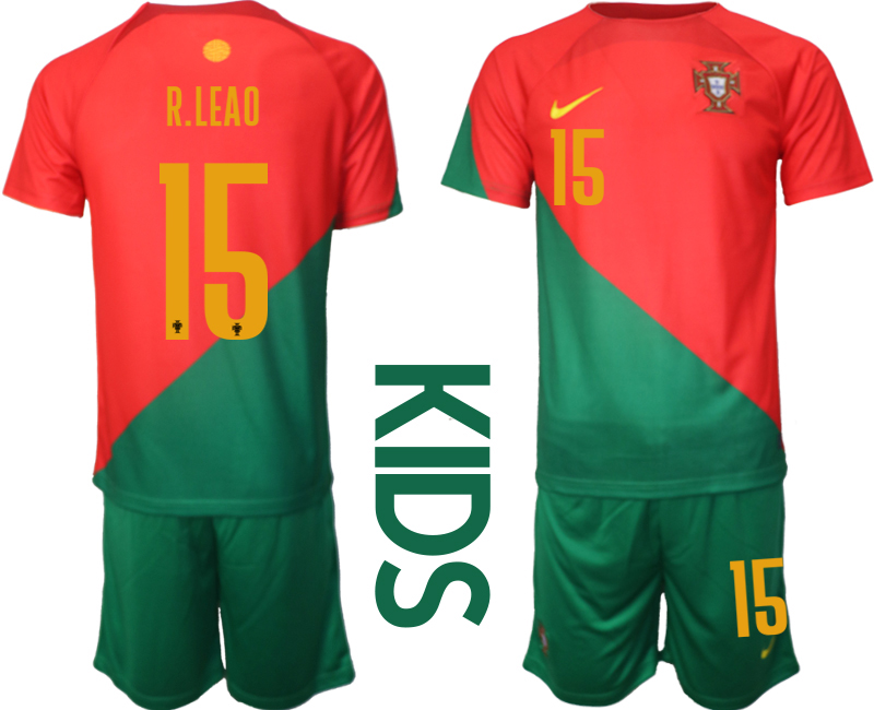 Portugal Hemmatröja Barn VM 2022 Fotbollskläder Set med tryck R.LEAO 15 Fotbollströjor barn billigt