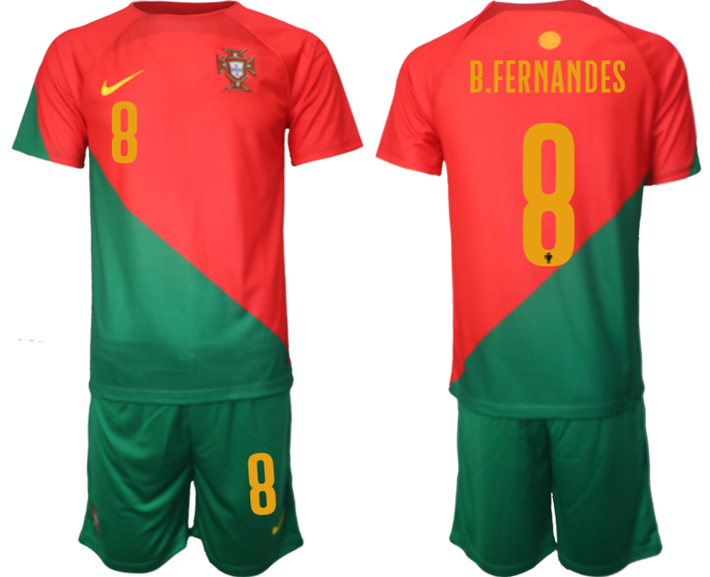 Portugal Hemmatröja VM 2022 för Herr Kortärmad + Korta byxor med namn B.FERNANDES 8 Fotbollströja Set