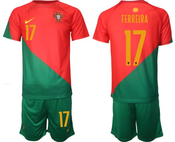 Portugal Hemmatröja VM 2022 för Herr Kortärmad + Korta byxor med namn FERREIRA 17 Billiga Fotbollströjor Sverige