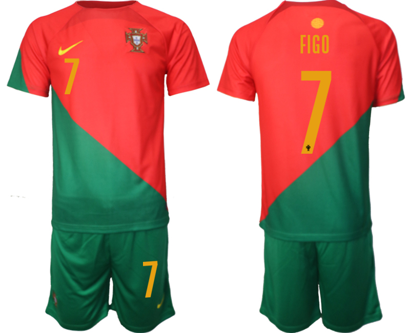 Portugal Hemmatröja VM 2022 för Herr Kortärmad + Korta byxor med namn FIGO 7 Fotbollströja Set