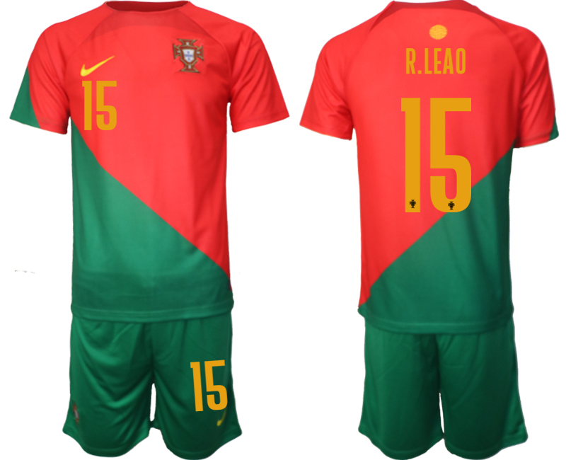 Portugal Hemmatröja VM 2022 för Herr Kortärmad + Korta byxor med namn R.LEAO 15 Billiga Fotbollströjor Sverige