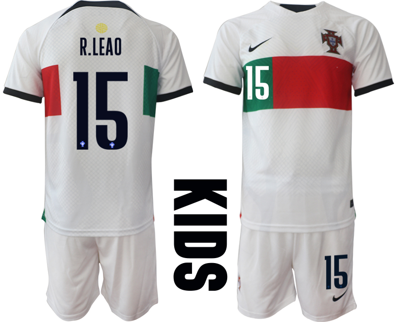 R.LEAO #15 Beställa Fotbollströjor Portugal Bortatröja Barn VM 2022 Kortärmad + Korta byxor fotbollströja barn med namn