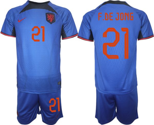 Nederländerna Matchtröjor Herr Fotbollströja VM 2022 Kortärmad + Korta byxor F.DE JONG 21 tröja set