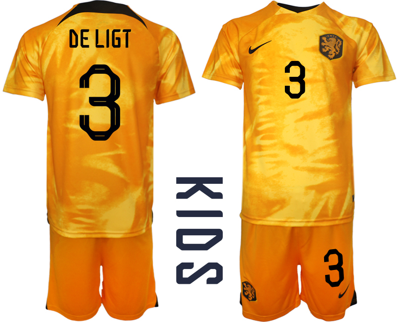 Nya Nederländerna Hemmatröja barn VM 2022 Kortärmad+ Korta byxor med tryck DE LIGT 3 fotbollströja set