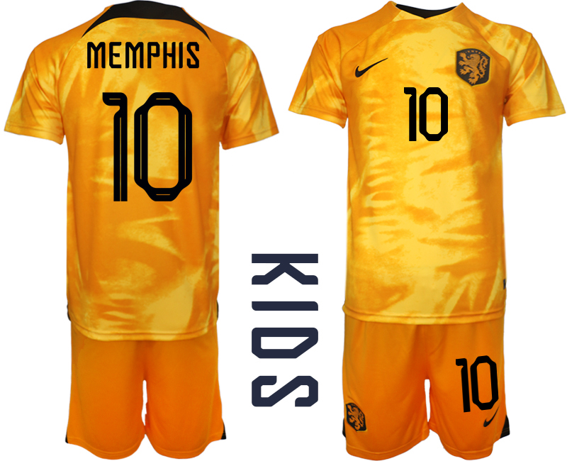 Nya Nederländerna Hemmatröja barn VM 2022 Kortärmad+ Korta byxor MEMPHIS 10