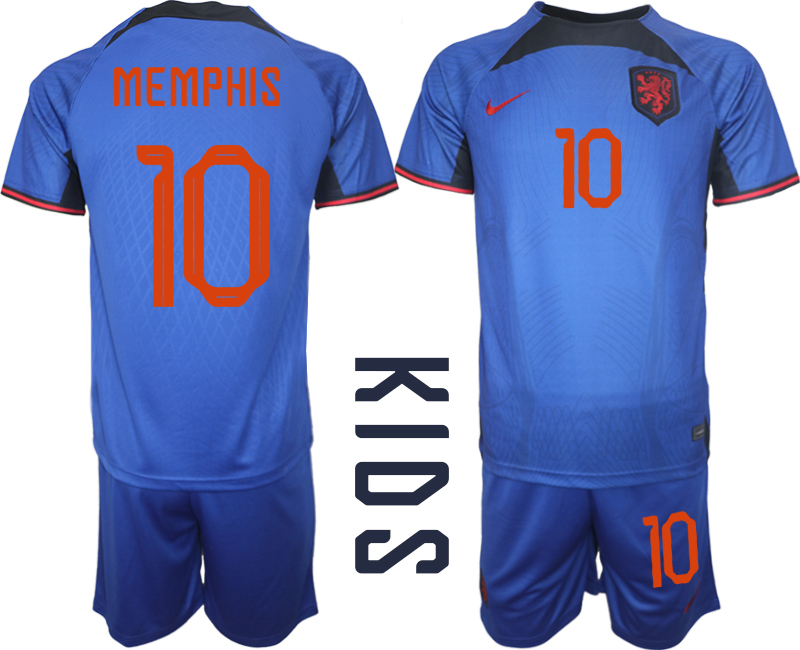 Nya Nederländerna Matchtröjor Barn Fotbollströja VM 2022 Kortärmad + Korta byxor MEMPHIS 10