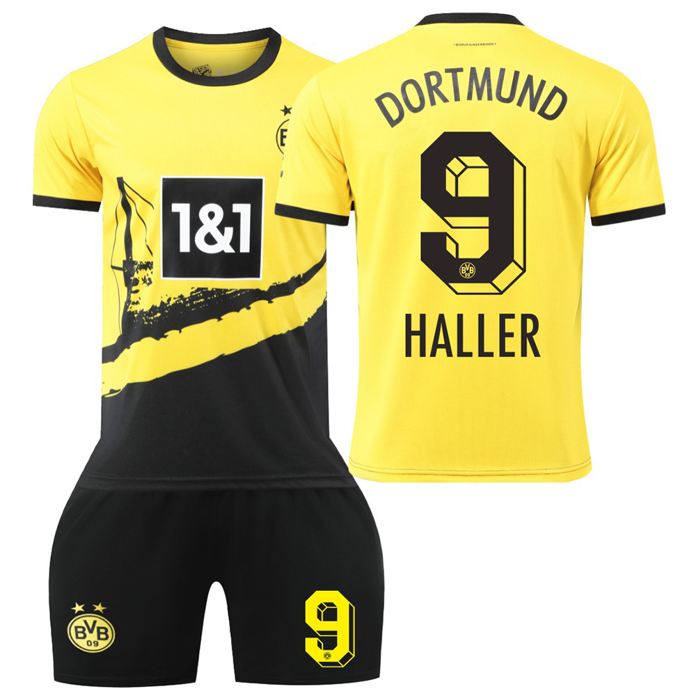 Billiga Fotbollströjor Barn Borussia Dortmund 2023-24 Hemmatröja Kortärmad shorts med tryck HALLER 9