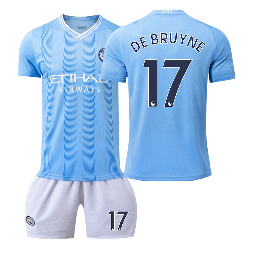 Billiga Fotbollströjor Barn Manchester City 2023-24 Hemmatröja Kortärmad + Korta byxor med namn DE BRUYNE 17