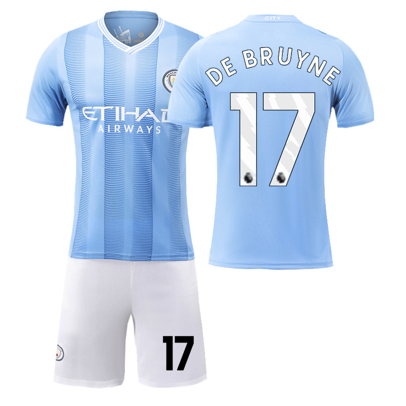 Billiga Fotbollströjor Barn Manchester City 2023-24 Hemmatröja tröja set med tryck DE BRUYNE 17