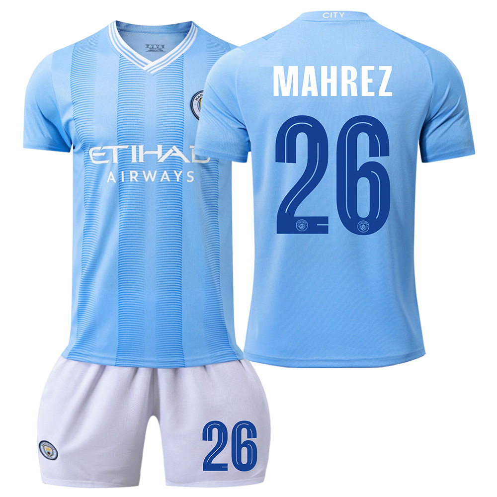Billiga Fotbollströjor Barn Manchester City 2023-24 tröja Kortärmad + Korta byxor Riyad Mahrez 26