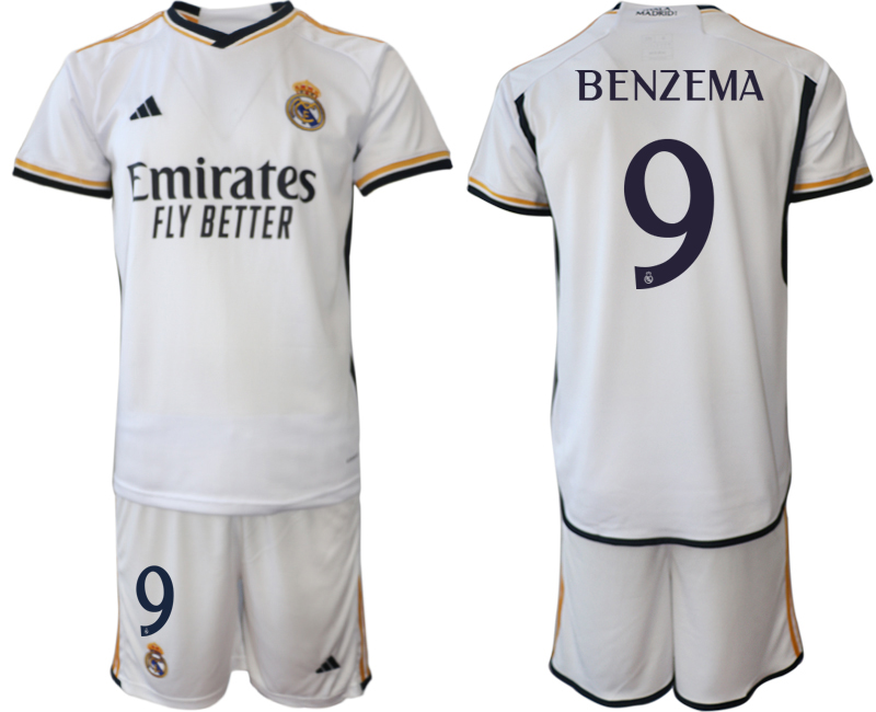 Billiga Fotbollströjor Herr Real Madrid Hemmatröja 2023-24 Kortärmad shorts BENZEMA 9
