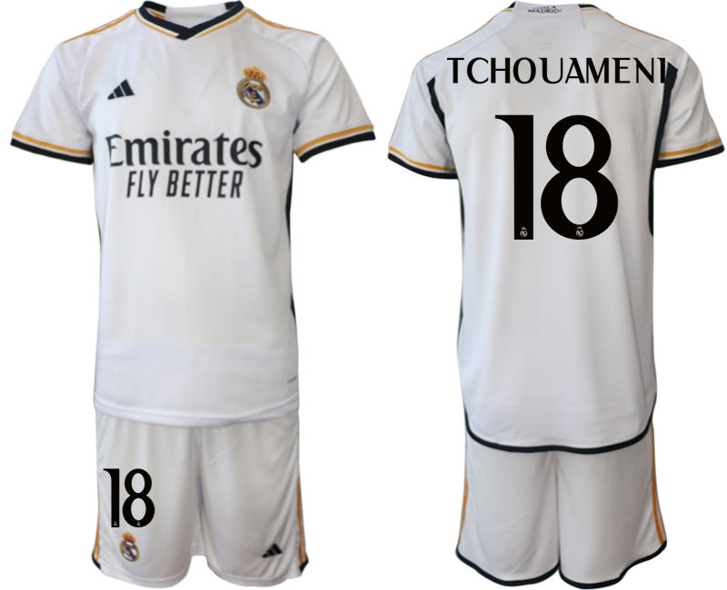 Billiga Fotbollströjor Herr Real Madrid Hemmatröja 2023-24 tröja set med namn TCHOUAMENI 18