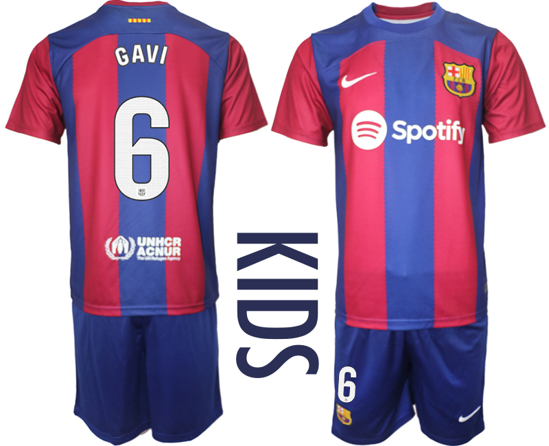 Billiga Fotbollströjor Barn FC Barcelona 2023-2024 Kortärmad + Korta byxor GAVI 6