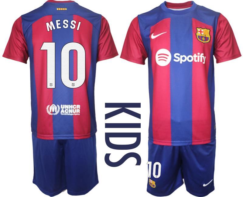 Billiga Fotbollströjor Barn FC Barcelona 2023-2024 Kortärmad shorts MESSI 10