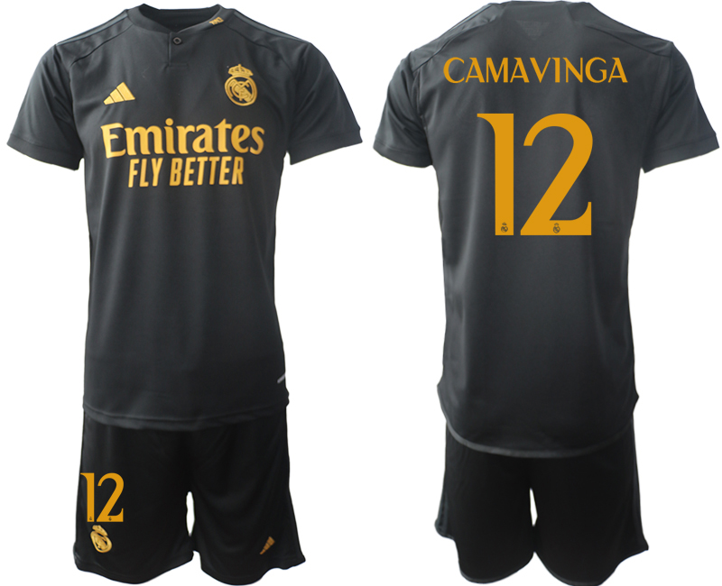 Billiga Fotbollströjor Herr Real Madrid Tredje Tröja 2023-24 Svart Guldgul tröja set Eduardo Camavinga 12